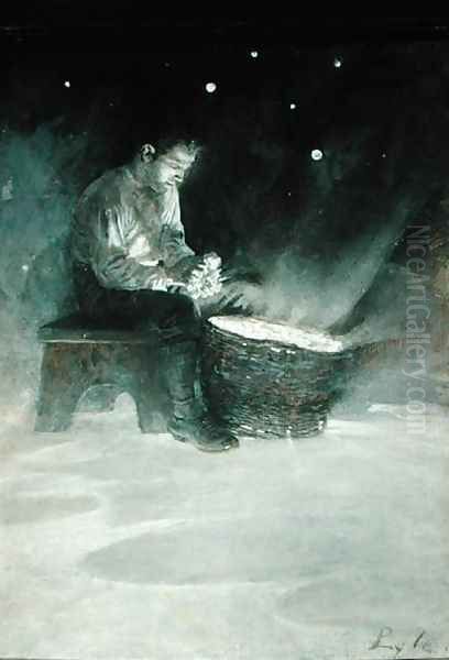 David Sat Down on the Wooden Bench and Took Up a Big Blue Star, from The Garden Behind the Moon by Howard Pyle, published 1895 Oil Painting by Howard Pyle