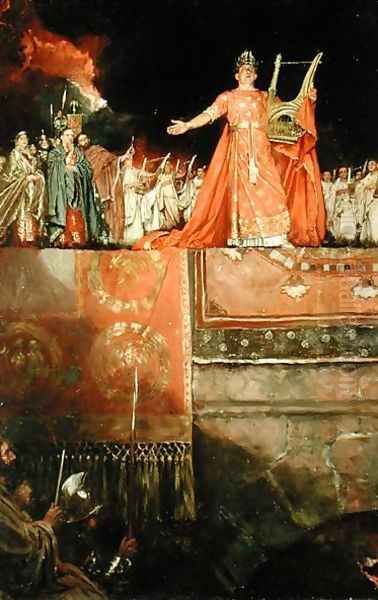 Nero AD 37-68 holding a golden lute with Rome in flames, from Quo Vadis by Henryk Sienkiewicz, published 1897 Oil Painting by Howard Pyle