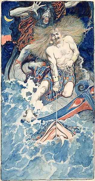 The Fishing of Thor and Hymir, from North Folk Legends of the Sea by Howard Pyle, published in Harpers Monthly Magazine, January 1902 Oil Painting by Howard Pyle