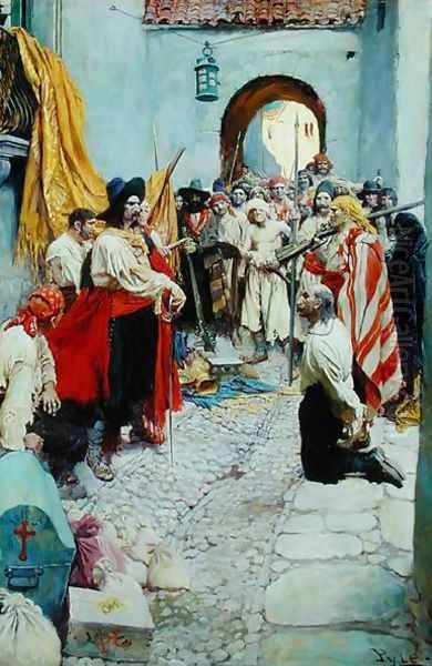 Extorting tribute from the citizens, or The sack of Carthagena, from The Fate of a Treasure Town by Howard Pyle, published in Harpers Monthly Magazine, December 1905 Oil Painting by Howard Pyle