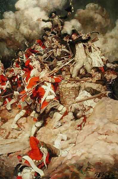 They Scrambled up the Parapet and Went Over the Top, Pell Mell, Upon the British, or The Battle of Yorktown, from Janice Meredith by Paul Leicester Ford 1865-1902, published 1899 Oil Painting by Howard Pyle