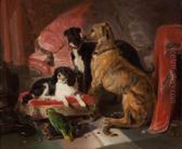 Hector, Nero And Dash With The Parrot, Lory Oil Painting by Landseer, Sir Edwin