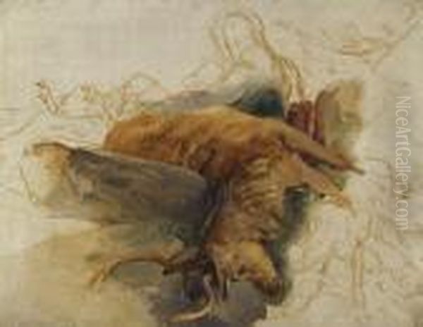 A Dead Stag, With Sketched Figures Of A Ghillie Andhounds Oil Painting by Landseer, Sir Edwin