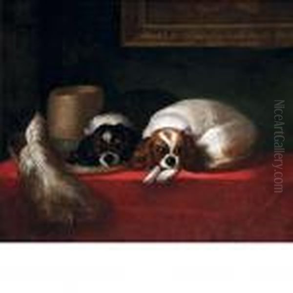 Two Cavalier King Charles Spaniels Beside A Feathered Hat Oil Painting by Landseer, Sir Edwin