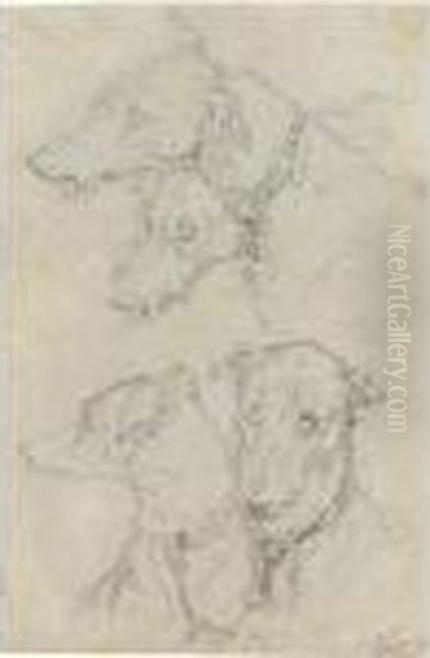 Three Sheets Of Studies Of 
Deerhounds, One With A Portrait Of Johncrerar Looking Through A Spy 
Glass Oil Painting by Landseer, Sir Edwin