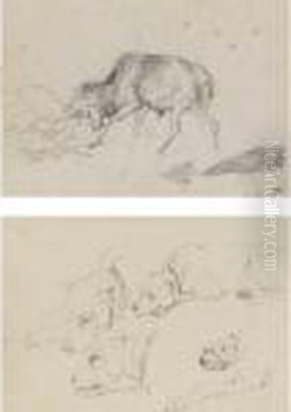 Studies Of A Terrier And Study Of A Stag Fighting Oil Painting by Landseer, Sir Edwin