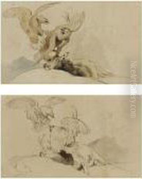 Studies Of Eagles Fighting Over A Dead Stag Oil Painting by Landseer, Sir Edwin