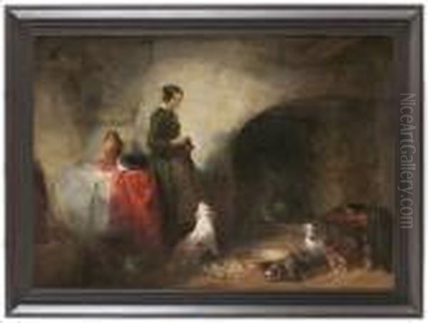 Koksinterior Med Kvinna Som Stickar; En Katt Och Hundar Som Sover Oil Painting by Landseer, Sir Edwin