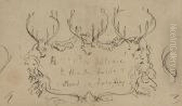 Design For A Cartouche Formed Of Stag Heads And Antlers Oil Painting by Landseer, Sir Edwin