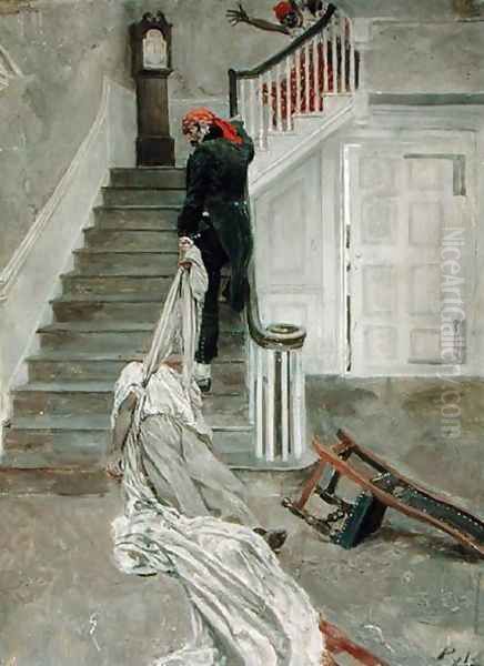 The Gigantic Monster Dragged the Hacked and Headless Corpse of his Victim up the Staircase, from In Ole Virginia by Thomas Nelson Page 1853-1922, published 1896 Oil Painting by Howard Pyle