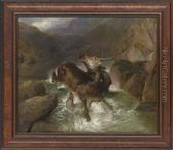 Deer And Deerhounds In A Mountain Torrent Oil Painting by Landseer, Sir Edwin