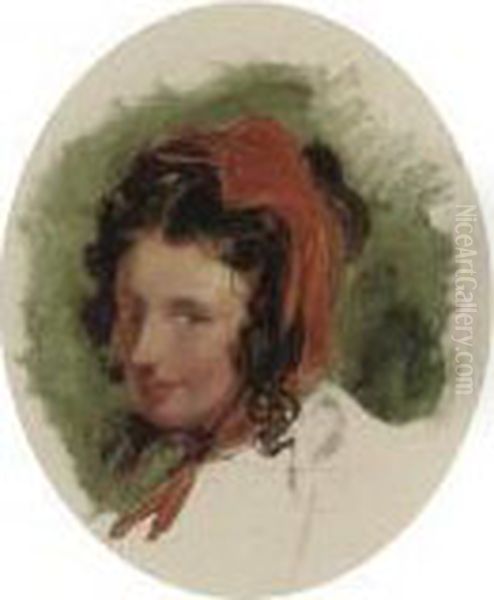 Head Study Of A Woman In A Red Head-scarf Oil Painting by Landseer, Sir Edwin