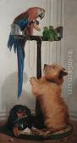 A Macaw, Lovebirds, Terrier And Spaniel Puppy Oil Painting by Landseer, Sir Edwin