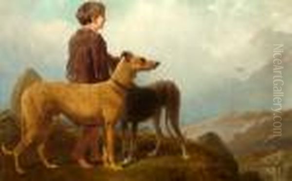 Boy With Lurchers In A Highland Landscape Oil Painting by Landseer, Sir Edwin