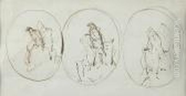 Three Studies Of Eagles, Ovals, 
Ink Sketches, Plus A Pencil Sketch Of A Man And Horse Verso, Double 
Glazed Oil Painting by Landseer, Sir Edwin