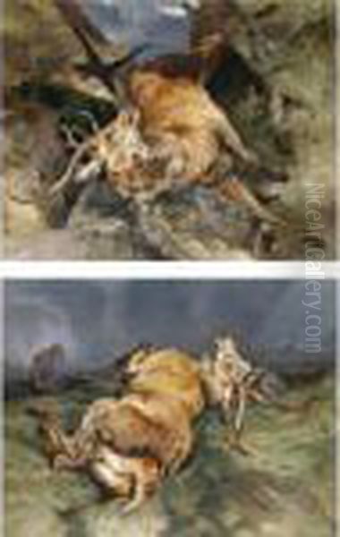 A Deer Fallen From A Precipice; And A Deer Just Shot Oil Painting by Landseer, Sir Edwin