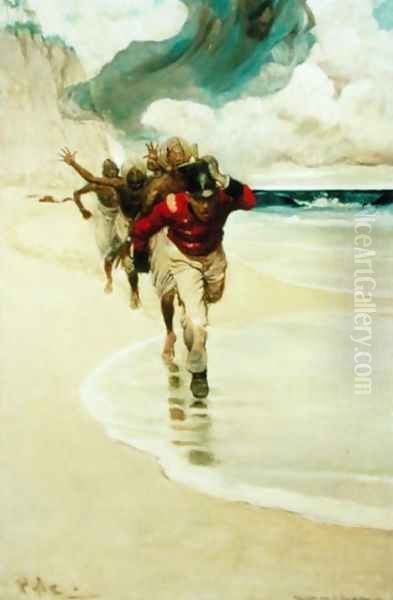 We Started to Run Back to the Raft for our Lives, from Sinbad on Burrator by Arthur Quiller-Couch 1863-1944, published in Scribners Magazine, August 1902 Oil Painting by Howard Pyle