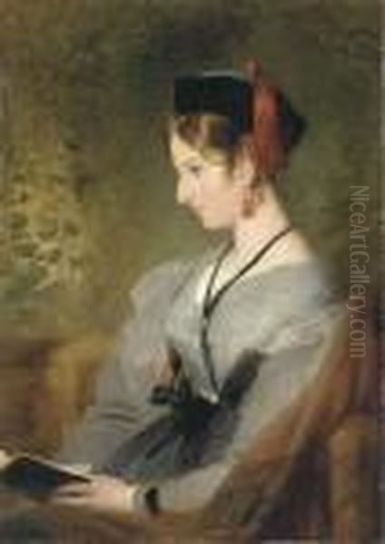 Portrait Of Elizabeth Wells, 
Later Lady Dyke, Three-quarter-length,seated In A Grey Dress, Holding A 
Book Oil Painting by Landseer, Sir Edwin