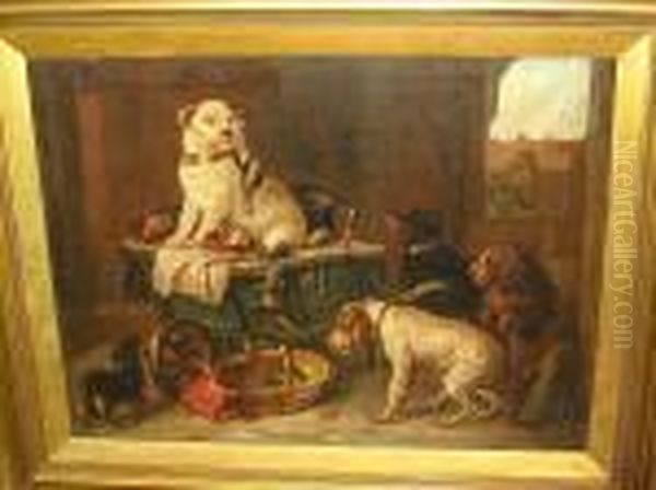 Bull Terrier And Other Dogs In A Barn Interior Oil Painting by Landseer, Sir Edwin