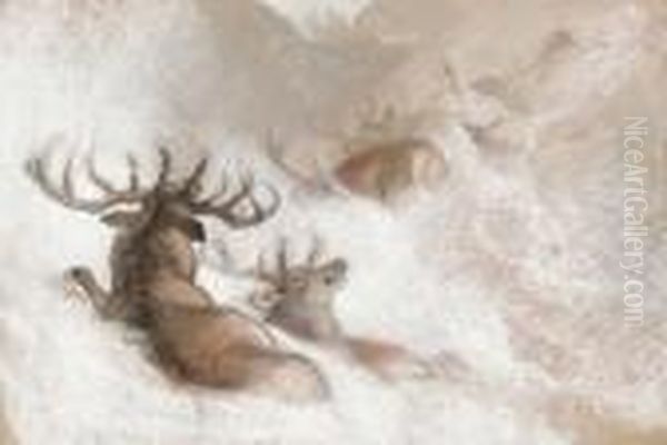 Stags In A Snowdrift Oil Painting by Landseer, Sir Edwin