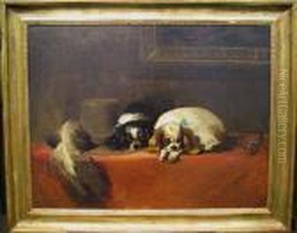 Two Cavalier King Charles Spaniels Beside A Feathered Hat Oil Painting by Landseer, Sir Edwin