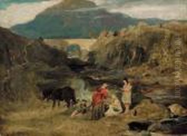 Figures Resting By A River In A Highland Landscape Oil Painting by Landseer, Sir Edwin