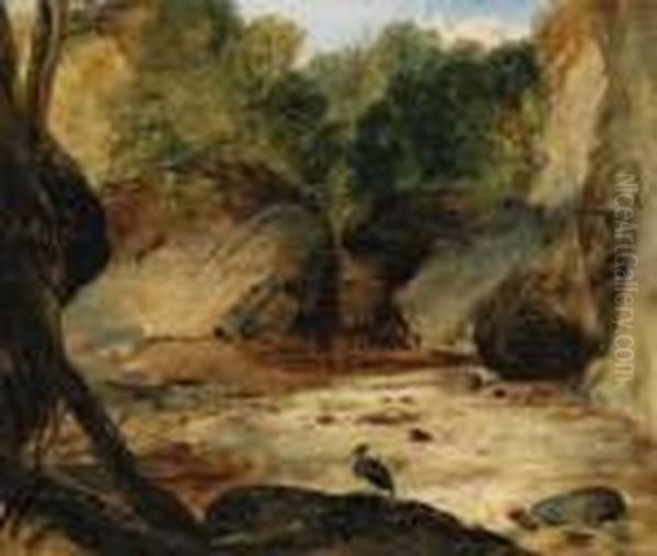 A Rocky River Landscape With A Heron Oil Painting by Landseer, Sir Edwin