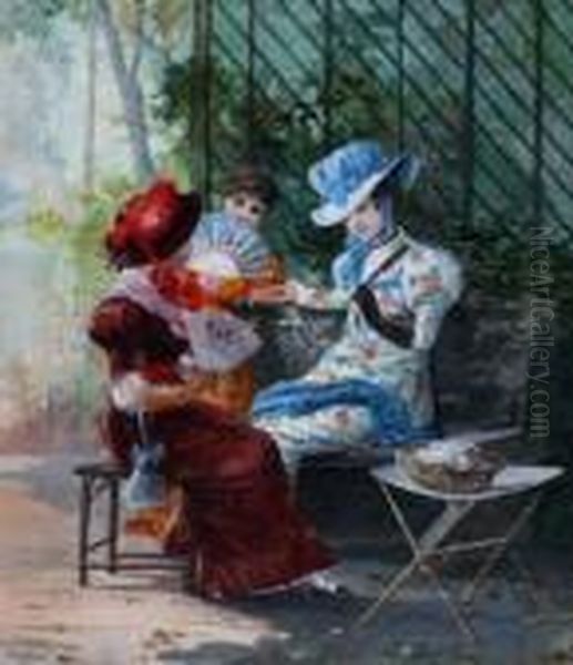 Ladie Sconversing In A Garden Terrace Oil Painting by Francois Louis Lanfant de Metz