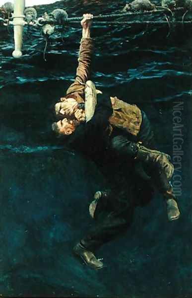 He Lost his Hold and Fell, Taking Me with him, from The Grain Ship by Morgan Robertson, published in Harpers Monthly Magazine, March 1909 Oil Painting by Howard Pyle