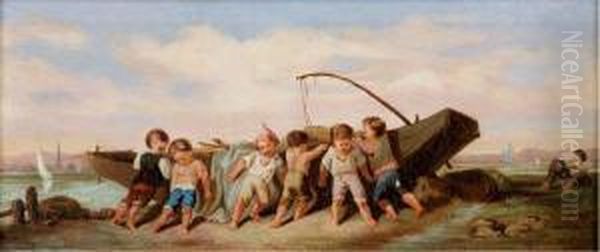 Children At The Seashore Oil Painting by Francois Louis Lanfant de Metz