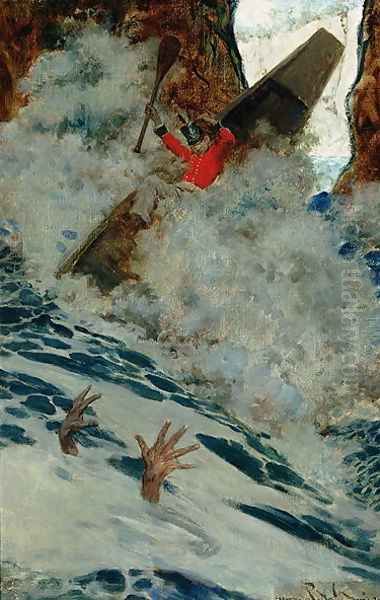 The Boat and I Went by him with a Rush, from Sinbad on Burrator, by Arthur Quiller-Couch 1863-1944, published in Scribners Magazine, August 1902 Oil Painting by Howard Pyle