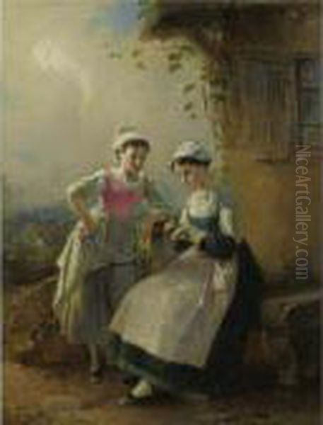 Mending Little Socks Oil Painting by Francois Louis Lanfant de Metz