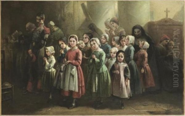 Groupe De Fillettes A L'eglise Oil Painting by Francois Louis Lanfant de Metz