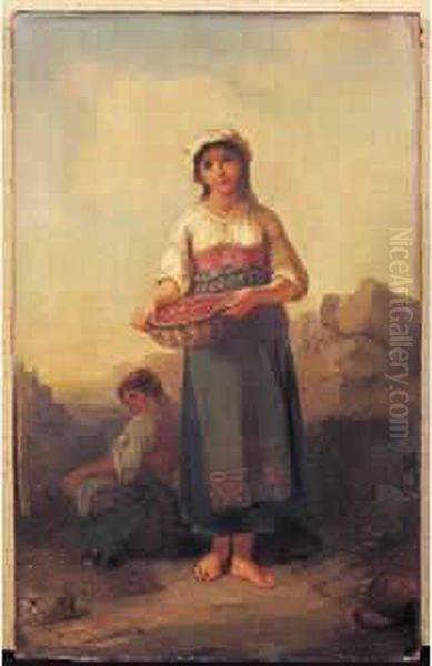 Jeune Femme Au Panier Huile Sur Toile Signee En Bas A Droite Oil Painting by Francois Louis Lanfant de Metz