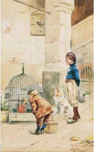 Deux Enfants Et Perroquet Oil Painting by Francois Louis Lanfant de Metz