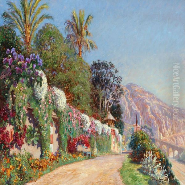 Southern Mountain Landscape With Colorful Flowers And Palms Oil Painting by Olaf Viggo Peter Langer