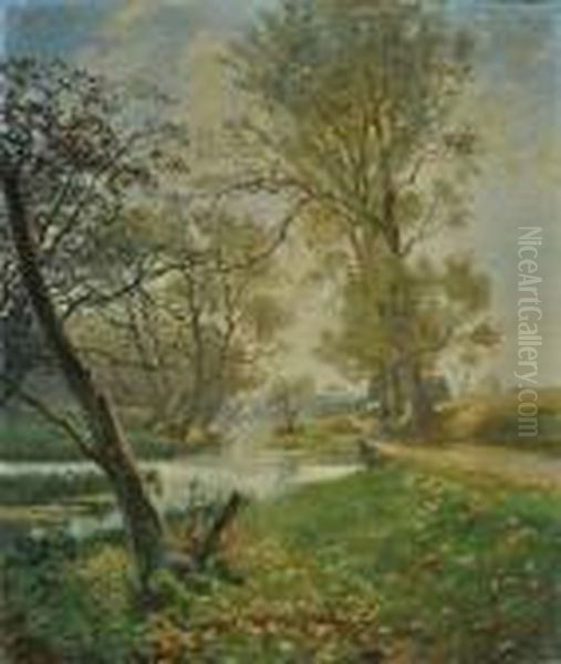 A View Along A River Bank Towards A Village Oil Painting by Olaf Viggo Peter Langer