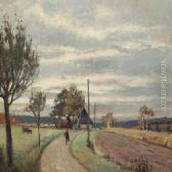 Landscape With Person On A Gravel Road At Skibstrup Oil Painting by Olaf Viggo Peter Langer