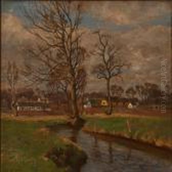 Hove Aa Bag Landsbyen Ostrup Oil Painting by Olaf Viggo Peter Langer