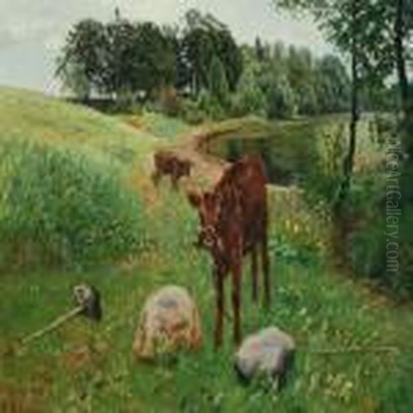 Grassing Calves By A Lake Oil Painting by Olaf Viggo Peter Langer