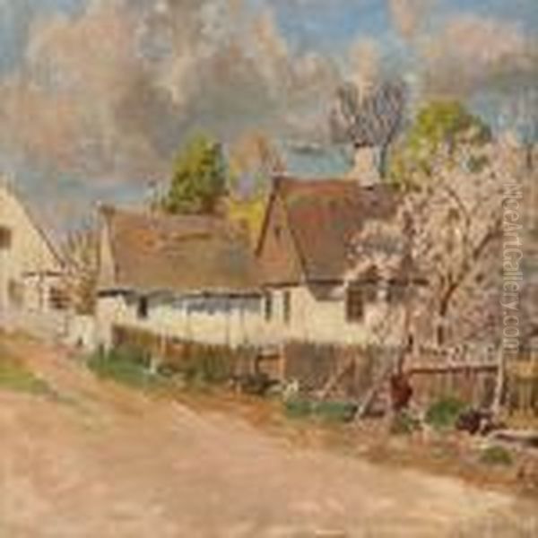 Village Scene Withchickens Oil Painting by Olaf Viggo Peter Langer