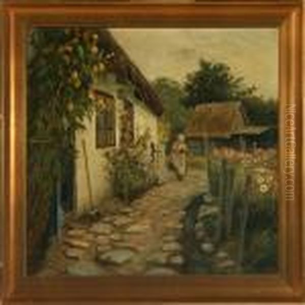 Cottage With Woman Andpeony Oil Painting by Olaf Viggo Peter Langer