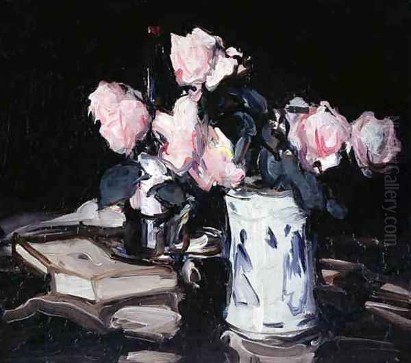 Pink Roses in Blue and White Vase, Black Background, c.1906 Oil Painting by Samuel John Peploe