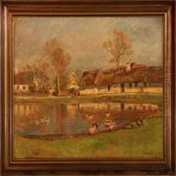 At The Village Pond Oil Painting by Olaf Viggo Peter Langer