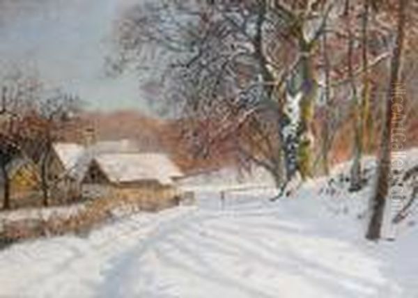 A Sunny Winter's Day Oil Painting by Olaf Viggo Peter Langer