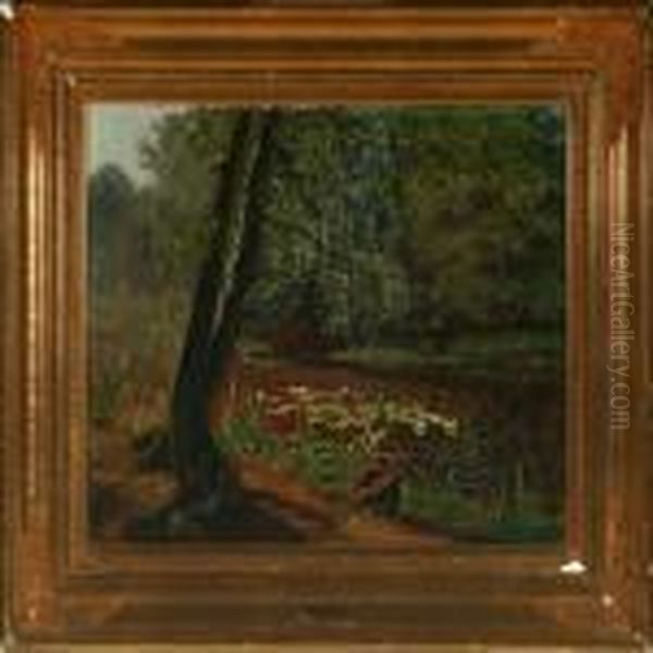 Forrest Scenery With Waterlillys On The Lake Oil Painting by Olaf Viggo Peter Langer