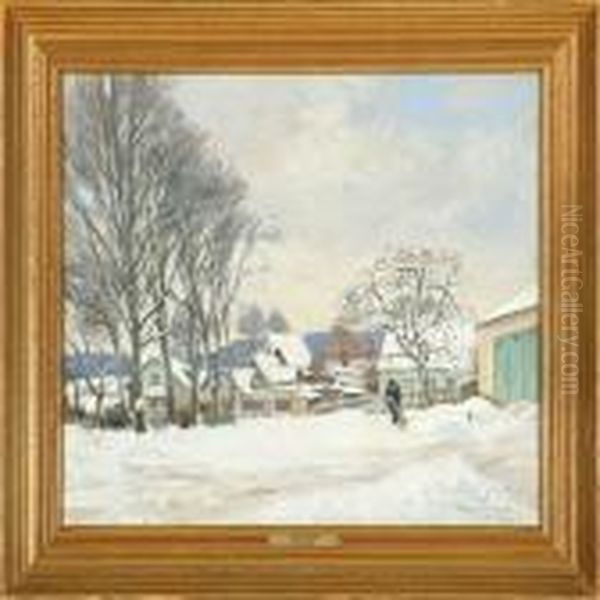 Winter Landscape With A Man Shovelling Snow Oil Painting by Olaf Viggo Peter Langer