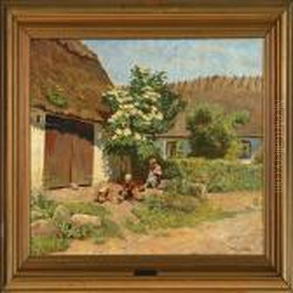 Two Children Playing In A Yard Oil Painting by Olaf Viggo Peter Langer