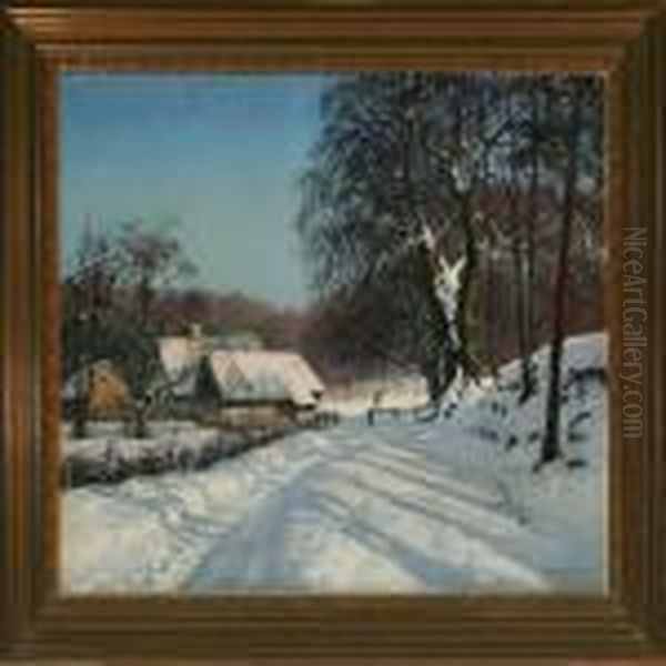 Winter Landscape From Hellebaek Oil Painting by Olaf Viggo Peter Langer