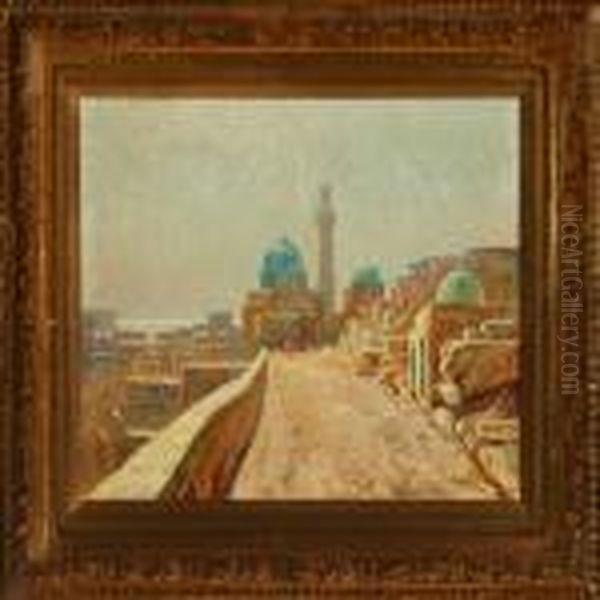 A Persia Streetscene With Persons And A Larger Mosque Oil Painting by Olaf Viggo Peter Langer